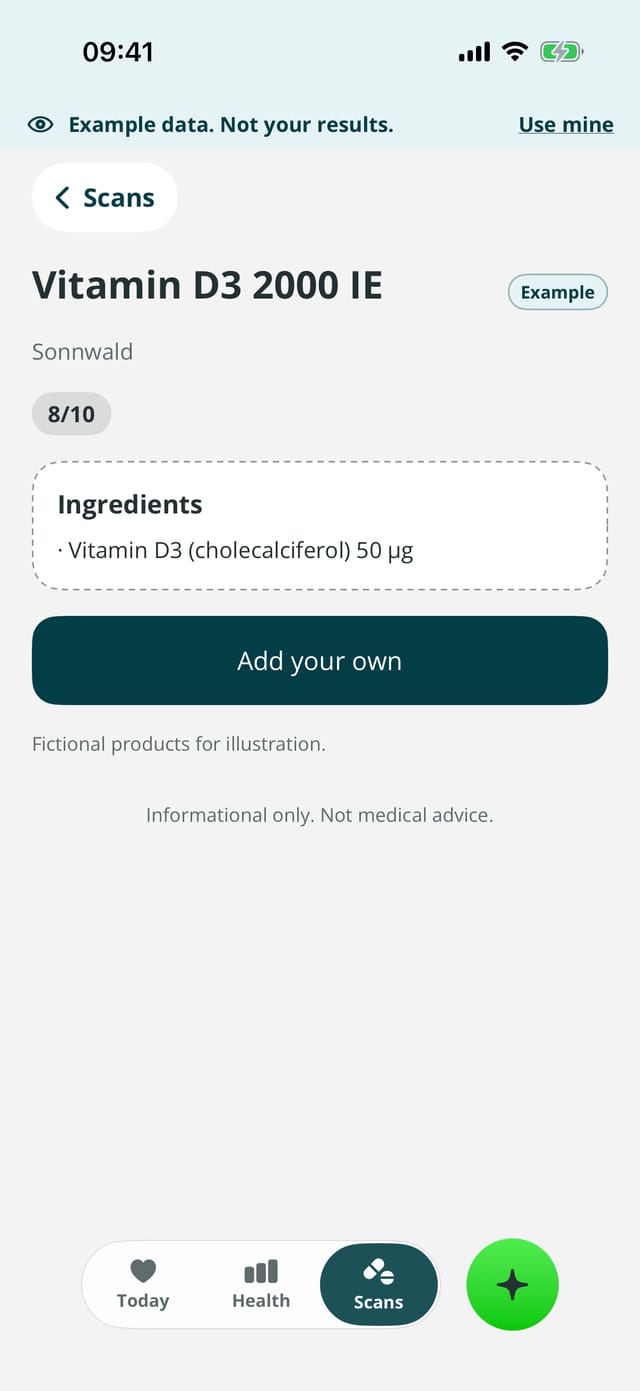 Zyva product screen with example data: the fictional Vitamin D3 2000 IE by Sonnwald, scored 8 out of 10, with its ingredients and a note that the products are fictional.